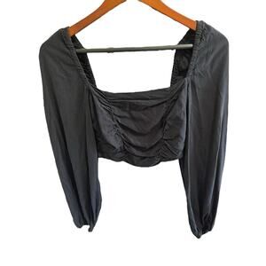 Urban Outfitters Black Ruched Smocked Tie Crop Long Sleeve Sz XS